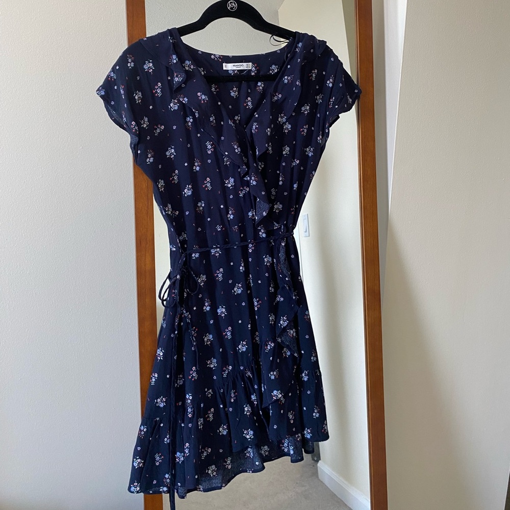 Navy blue floral mango wrap dress